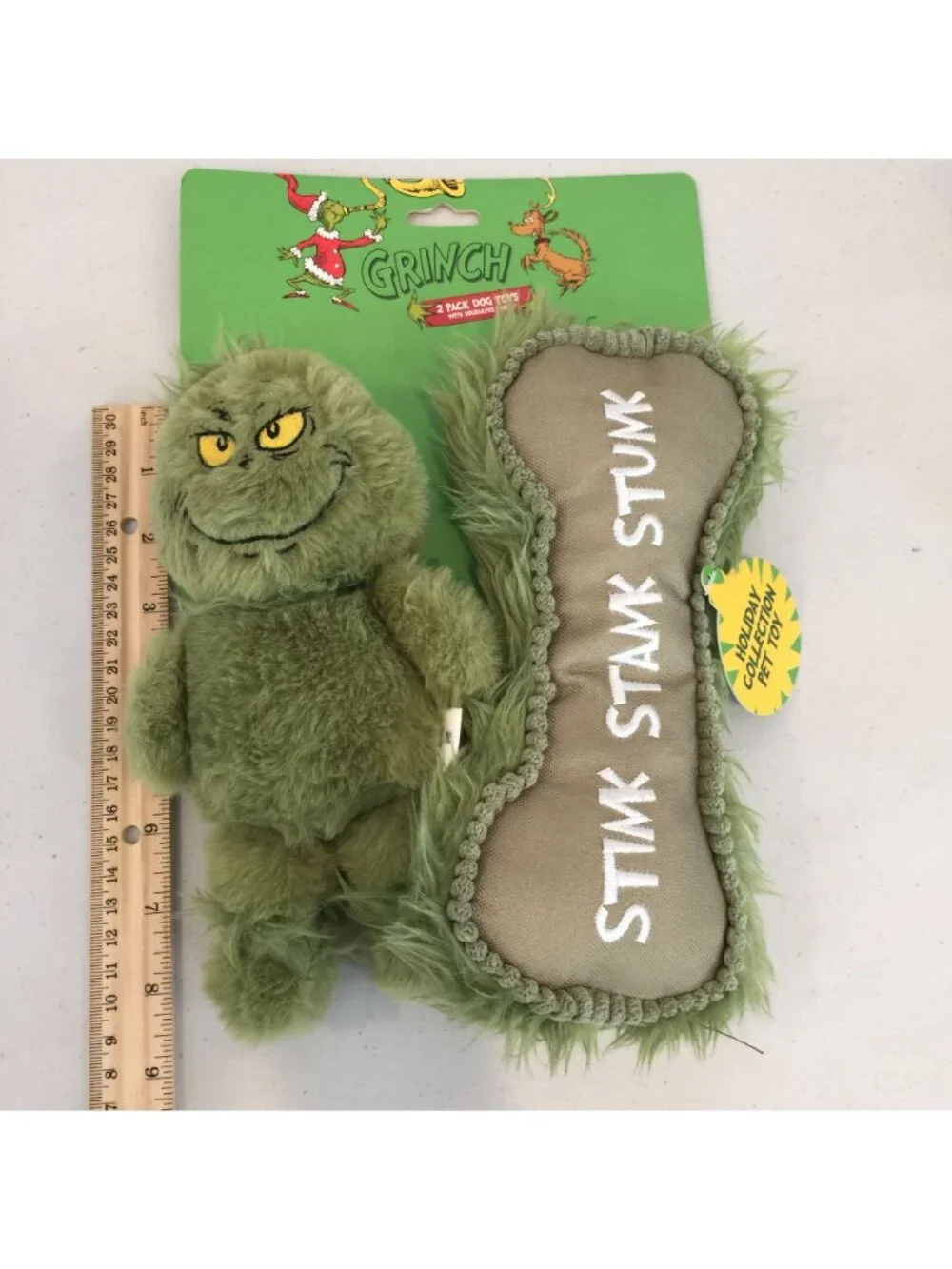 Dr Seuss STINK STANK STUNK Plush Grinch Bone Plush Squeaker Dog Toys Set of 2